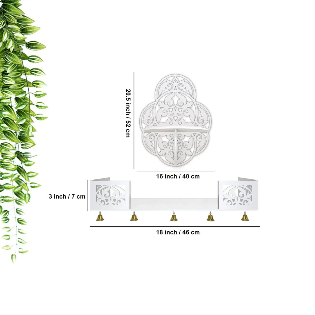 Beautiful Designer Pattern Wall Hanging Wooden Temple/ Pooja Mandir Design with Shelf, White Color - Decor Mantra 