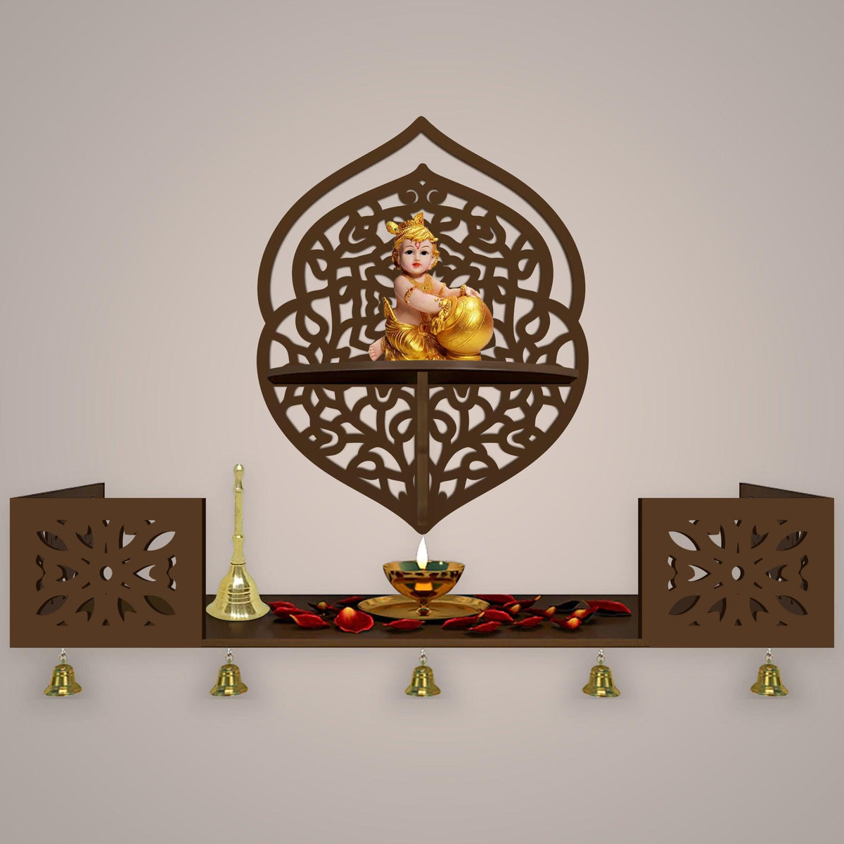 Intricate Jali Designer Shaped Wall Hanging Wooden Temple/ Pooja Mandir Design with Shelf, Brown Color - Decor Mantra 