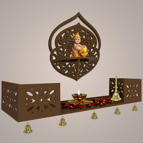 Intricate Jali Designer Shaped Wall Hanging Wooden Temple/ Pooja Mandir Design with Shelf, Brown Color - Decor Mantra 