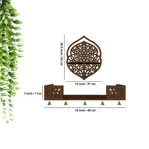 Intricate Jali Designer Shaped Wall Hanging Wooden Temple/ Pooja Mandir Design with Shelf, Brown Color - Decor Mantra 