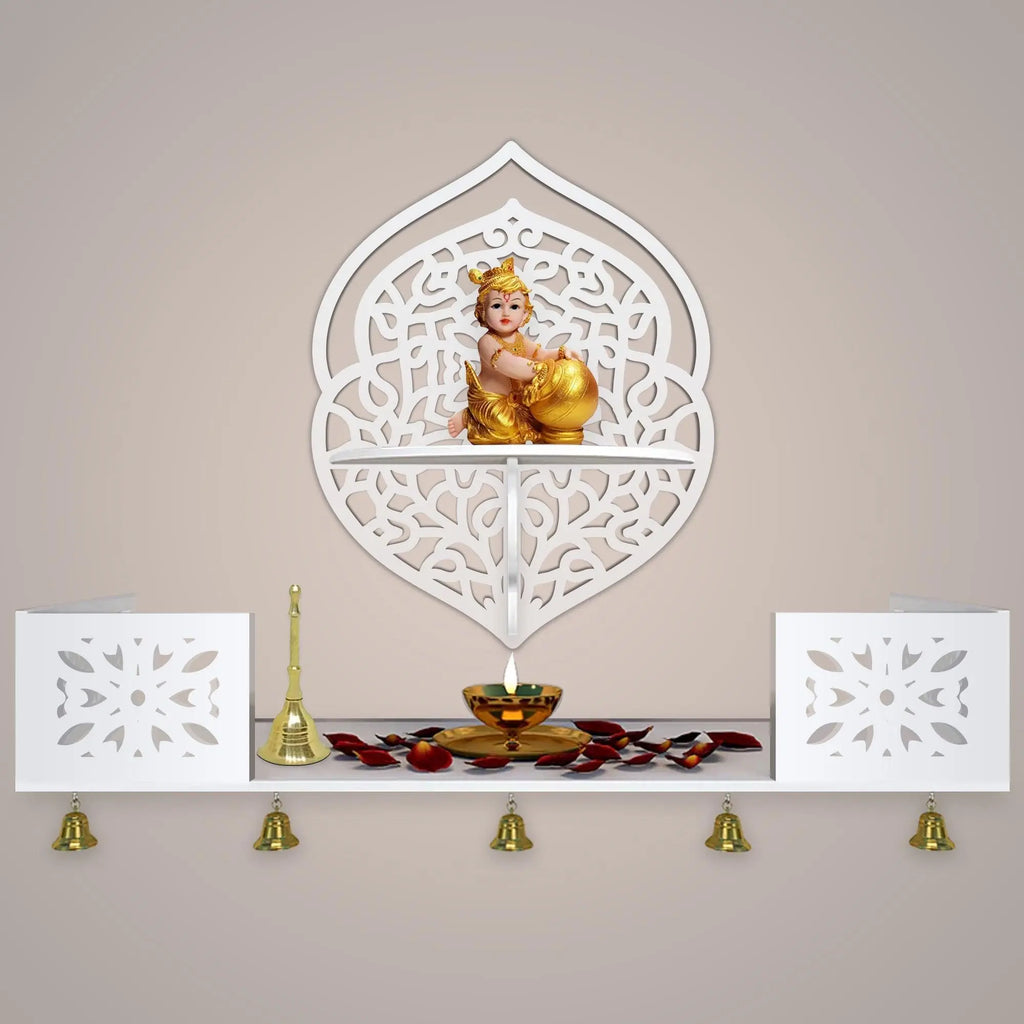 Intricate Jali Designer Shaped Wall Hanging Wooden Temple/ Pooja Mandir Design with Shelf, White Color - Decor Mantra 
