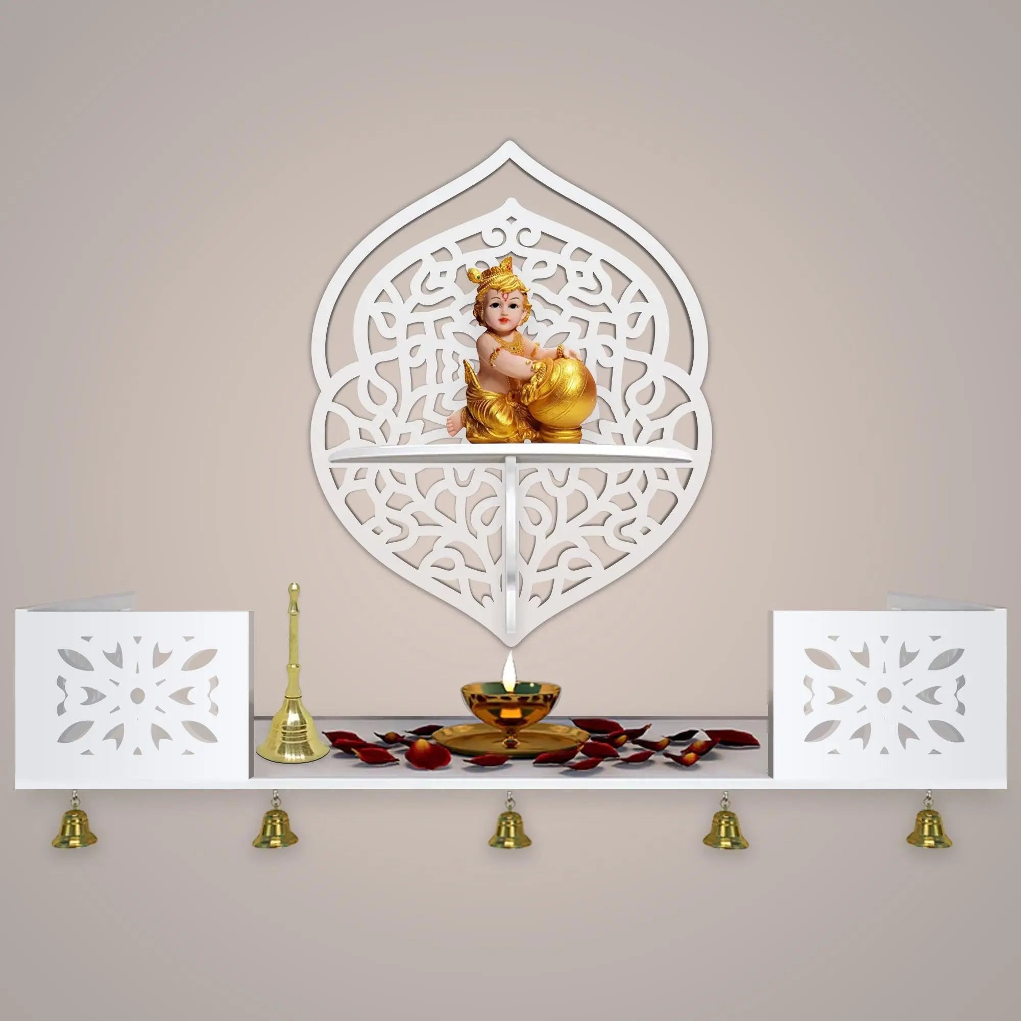 Intricate Jali Designer Shaped Wall Hanging Wooden Temple/ Pooja Mandir Design with Shelf, White Color - Decor Mantra 