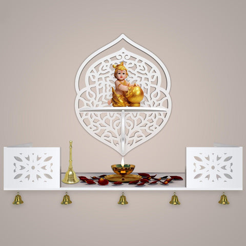 Intricate Jali Designer Shaped Wall Hanging Wooden Temple/ Pooja Mandir Design with Shelf, White Color - Decor Mantra 