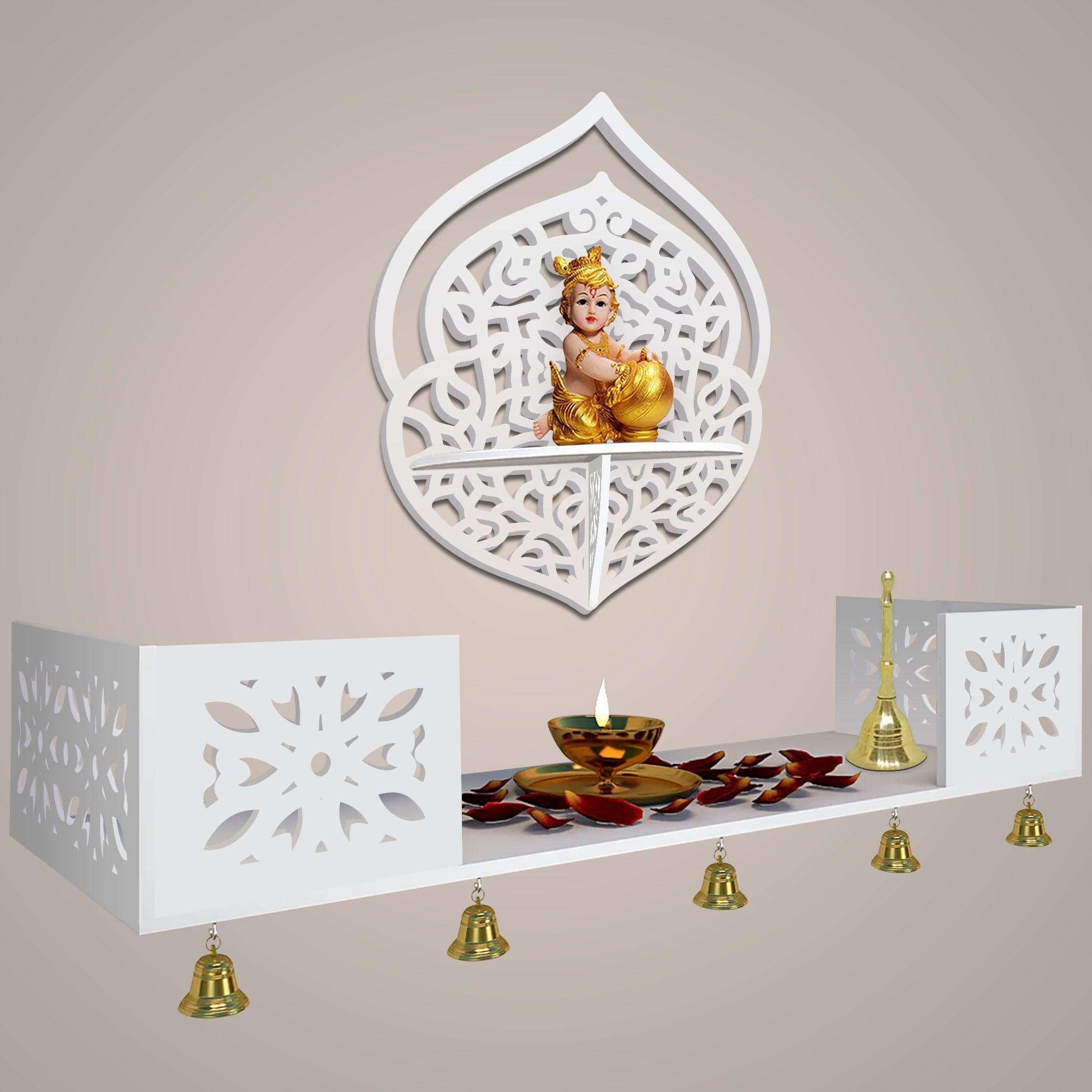 Intricate Jali Designer Shaped Wall Hanging Wooden Temple/ Pooja Mandir Design with Shelf, White Color - Decor Mantra 