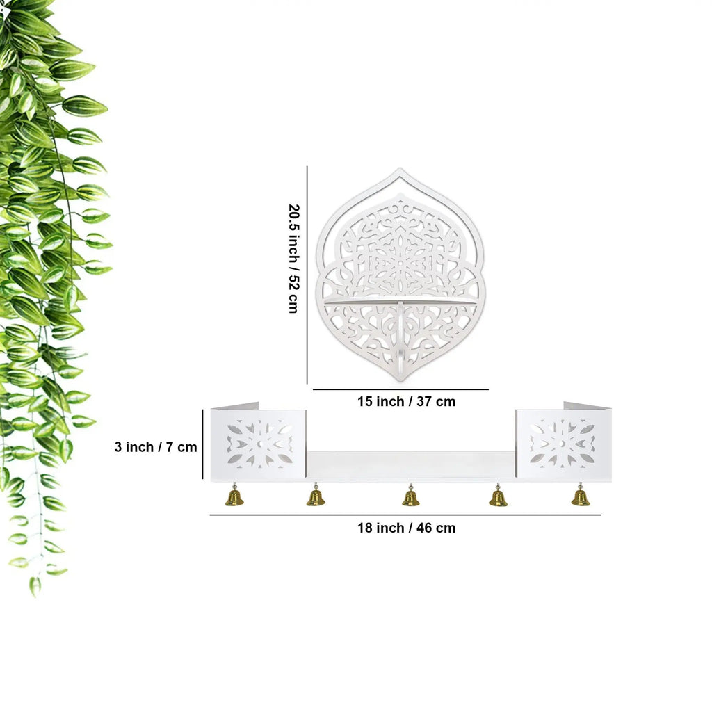 Intricate Jali Designer Shaped Wall Hanging Wooden Temple/ Pooja Mandir Design with Shelf, White Color - Decor Mantra 
