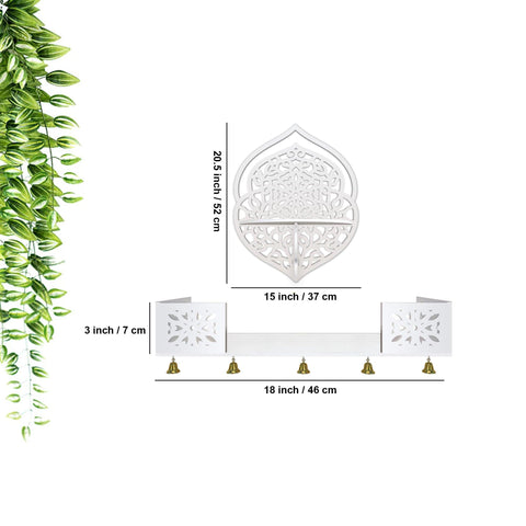 Intricate Jali Designer Shaped Wall Hanging Wooden Temple/ Pooja Mandir Design with Shelf, White Color - Decor Mantra 