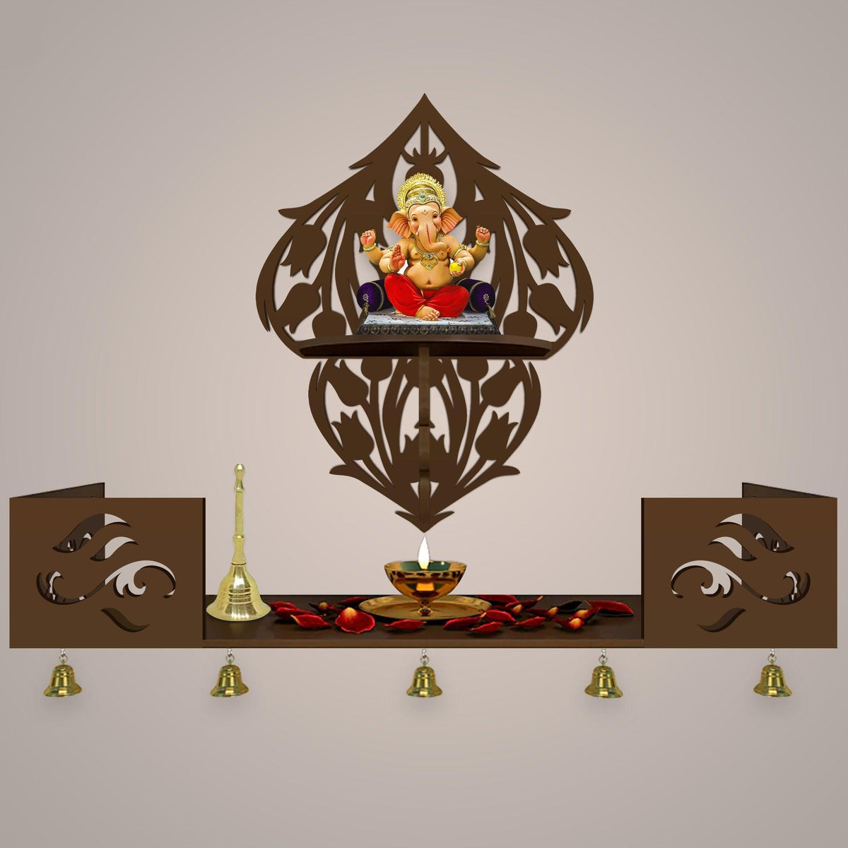 Beautiful Flower Art Designer Wall Hanging Wooden Temple/ Pooja Mandir Design with Shelf, Brown Color - Decor Mantra 