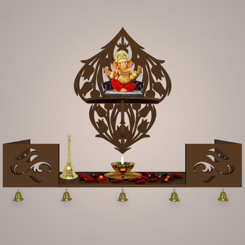 Beautiful Flower Art Designer Wall Hanging Wooden Temple/ Pooja Mandir Design with Shelf, Brown Color - Decor Mantra 