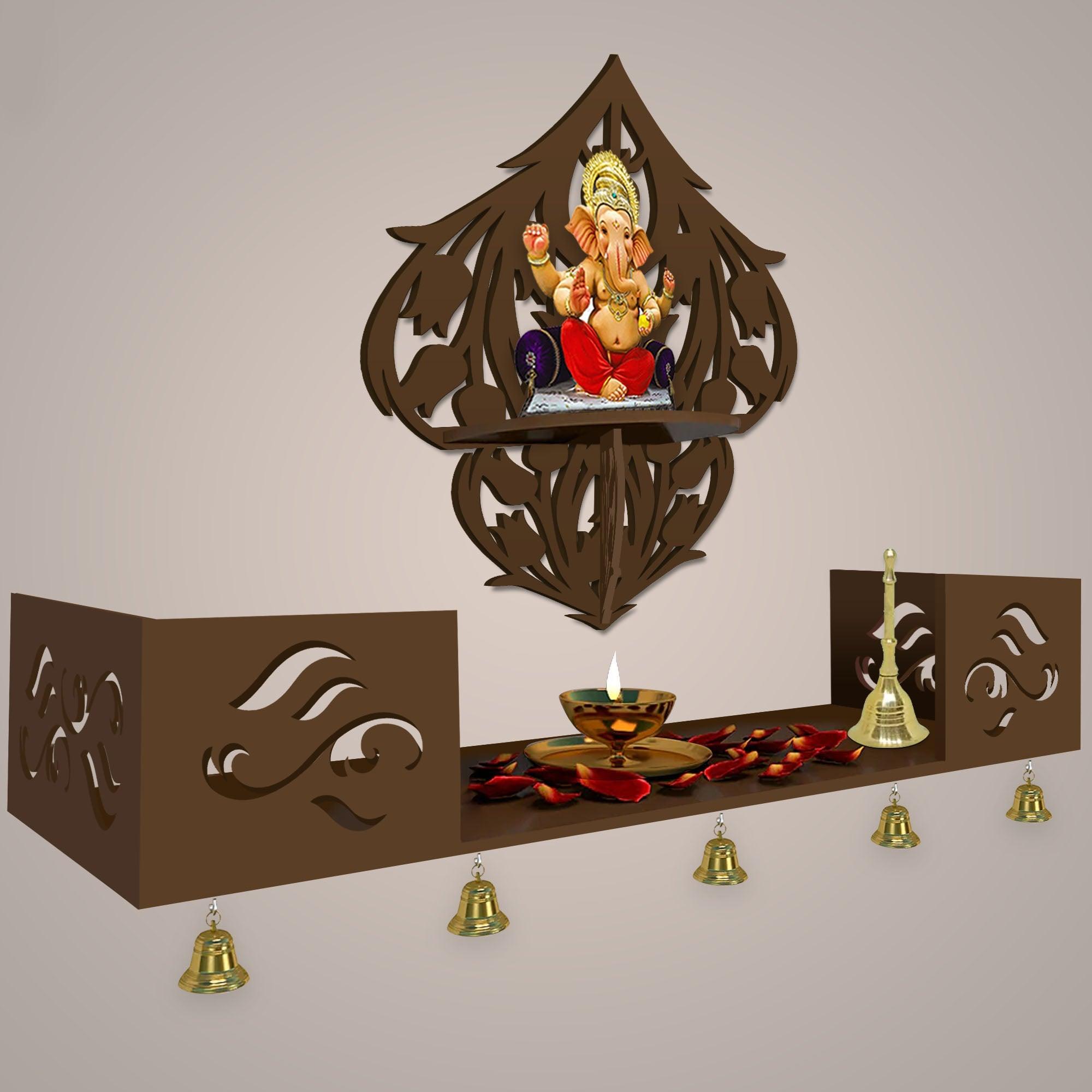 Beautiful Flower Art Designer Wall Hanging Wooden Temple/ Pooja Mandir Design with Shelf, Brown Color - Decor Mantra 