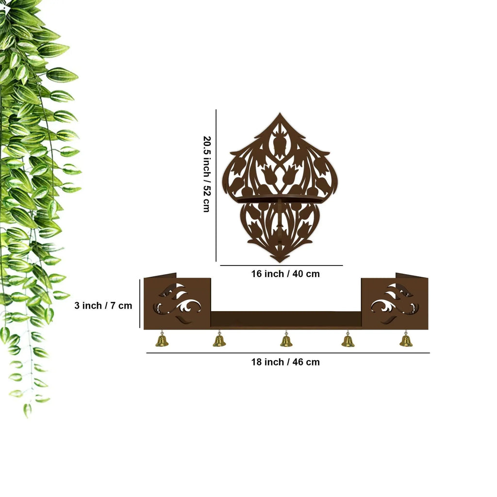Beautiful Flower Art Designer Wall Hanging Wooden Temple/ Pooja Mandir Design with Shelf, Brown Color - Decor Mantra 