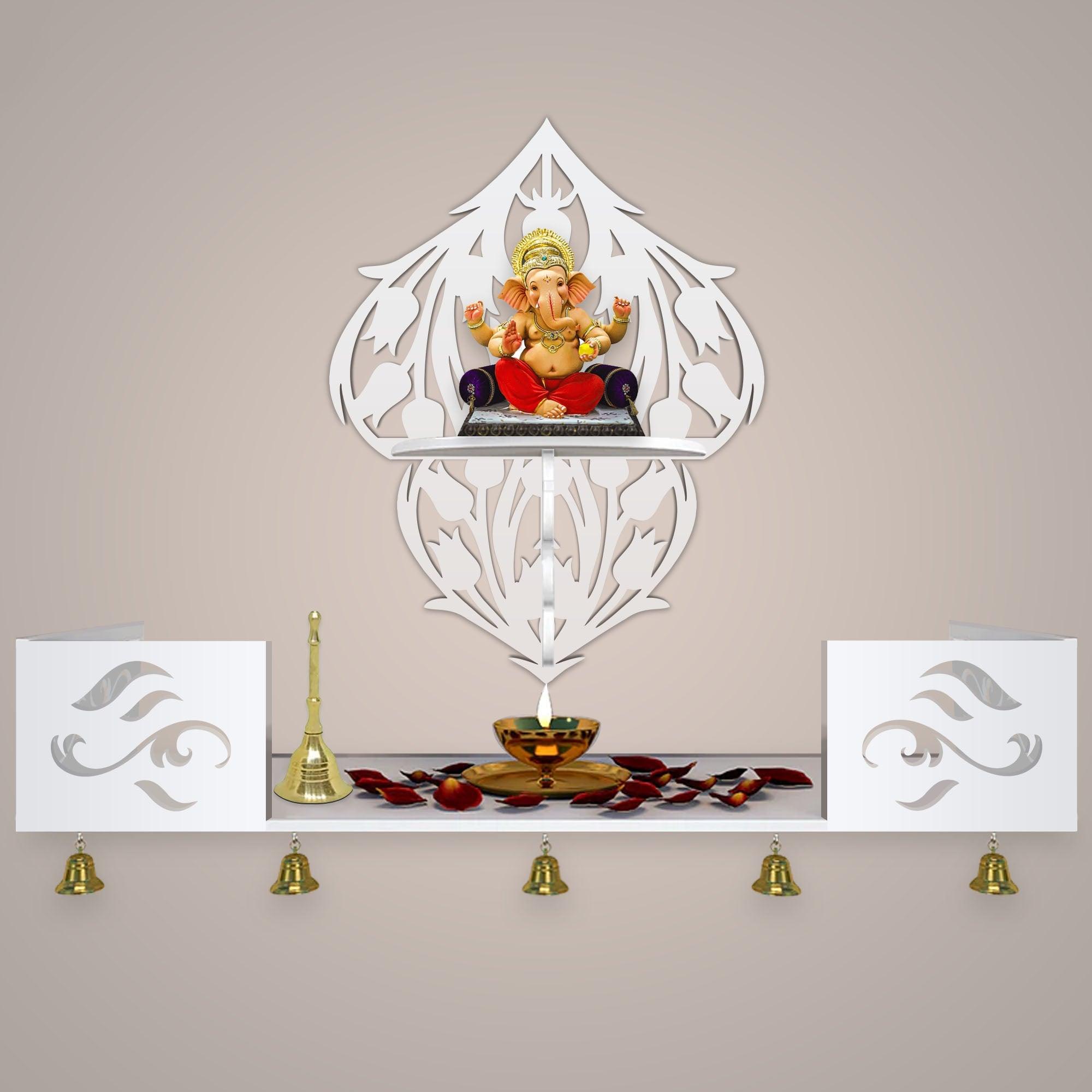 Beautiful Flower Art Designer Wall Hanging Wooden Temple/ Pooja Mandir Design with Shelf, White Color - Decor Mantra 