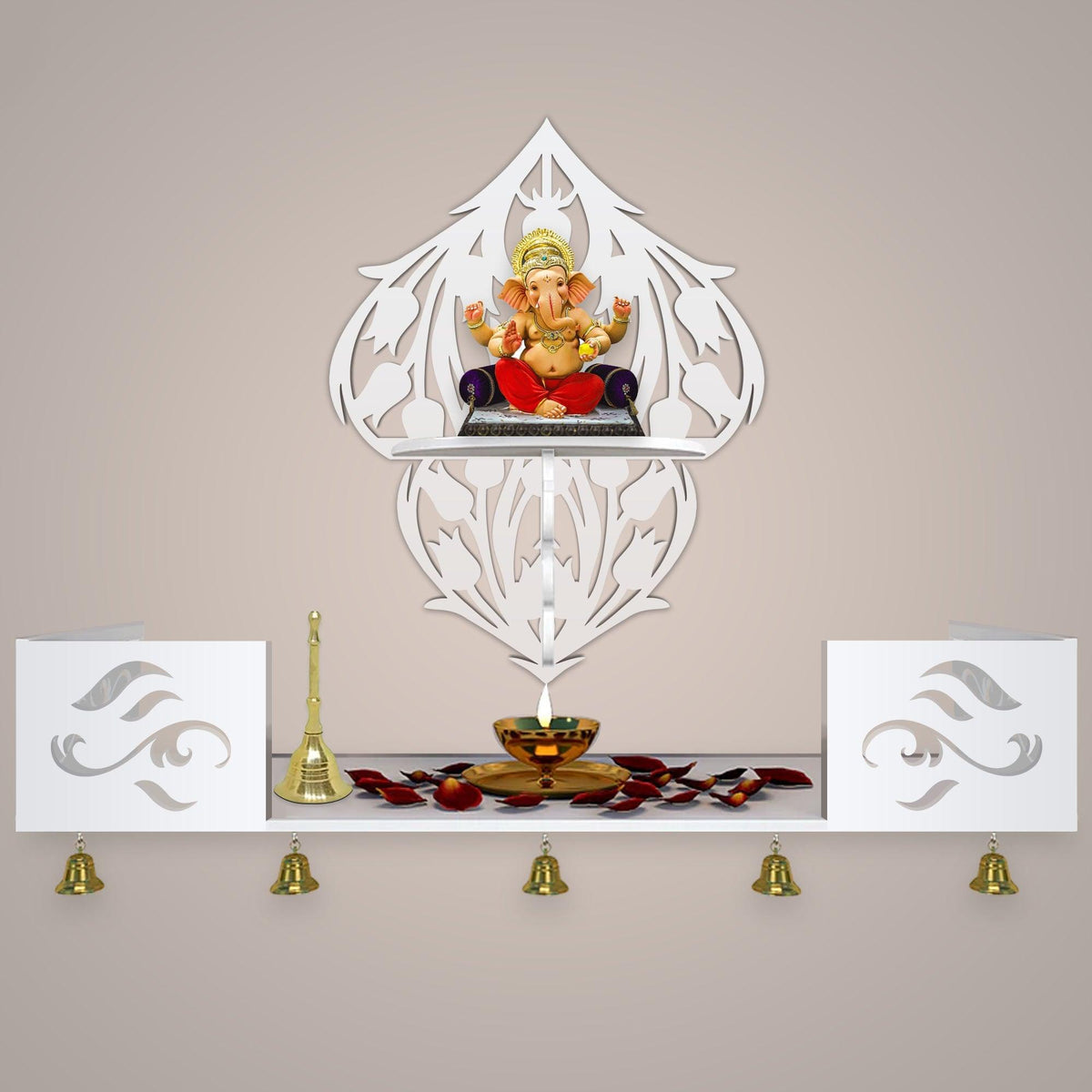 Beautiful Flower Art Designer Wall Hanging Wooden Temple/ Pooja Mandir Design with Shelf, White Color - Decor Mantra 