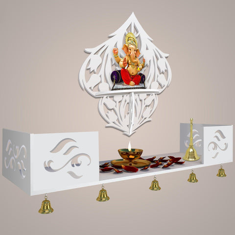 Beautiful Flower Art Designer Wall Hanging Wooden Temple/ Pooja Mandir Design with Shelf, White Color - Decor Mantra 