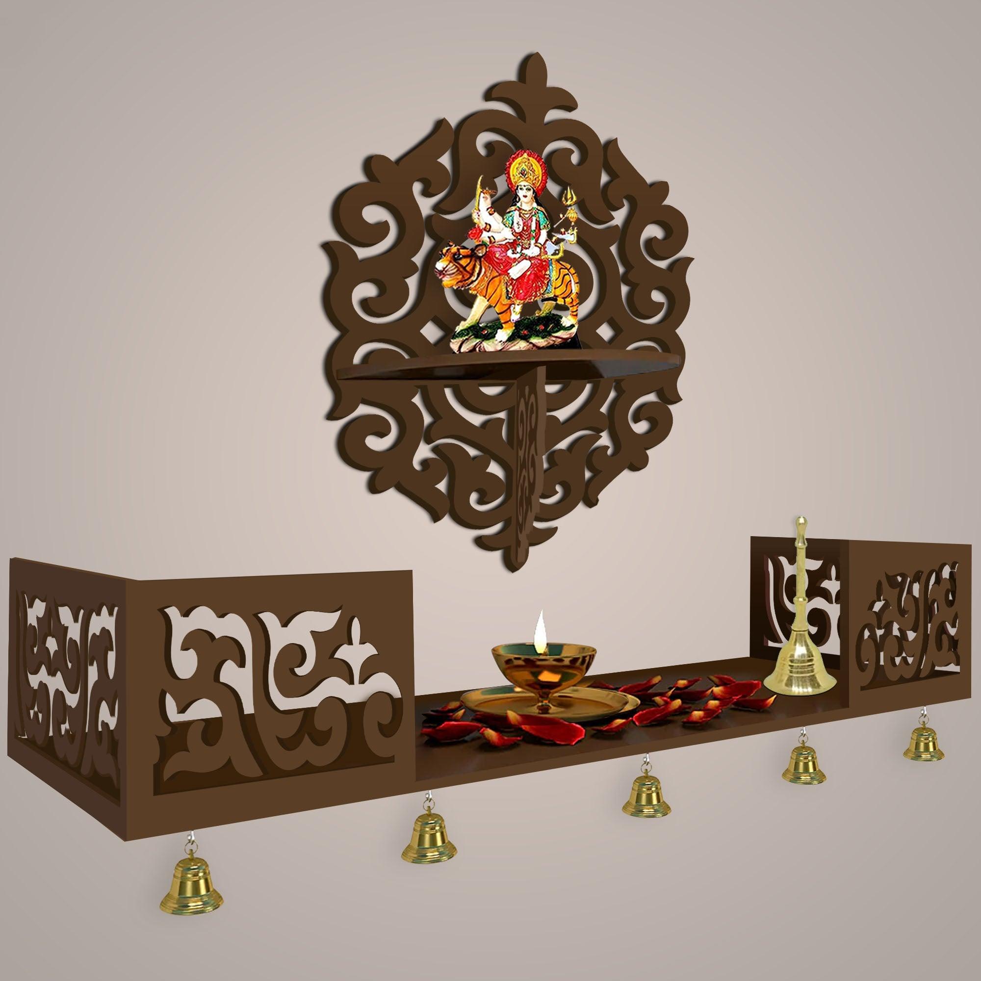 Unique Designer Beautiful Wall Hanging Wooden Temple/ Pooja Mandir Design with Shelf, Brown Color - Decor Mantra 