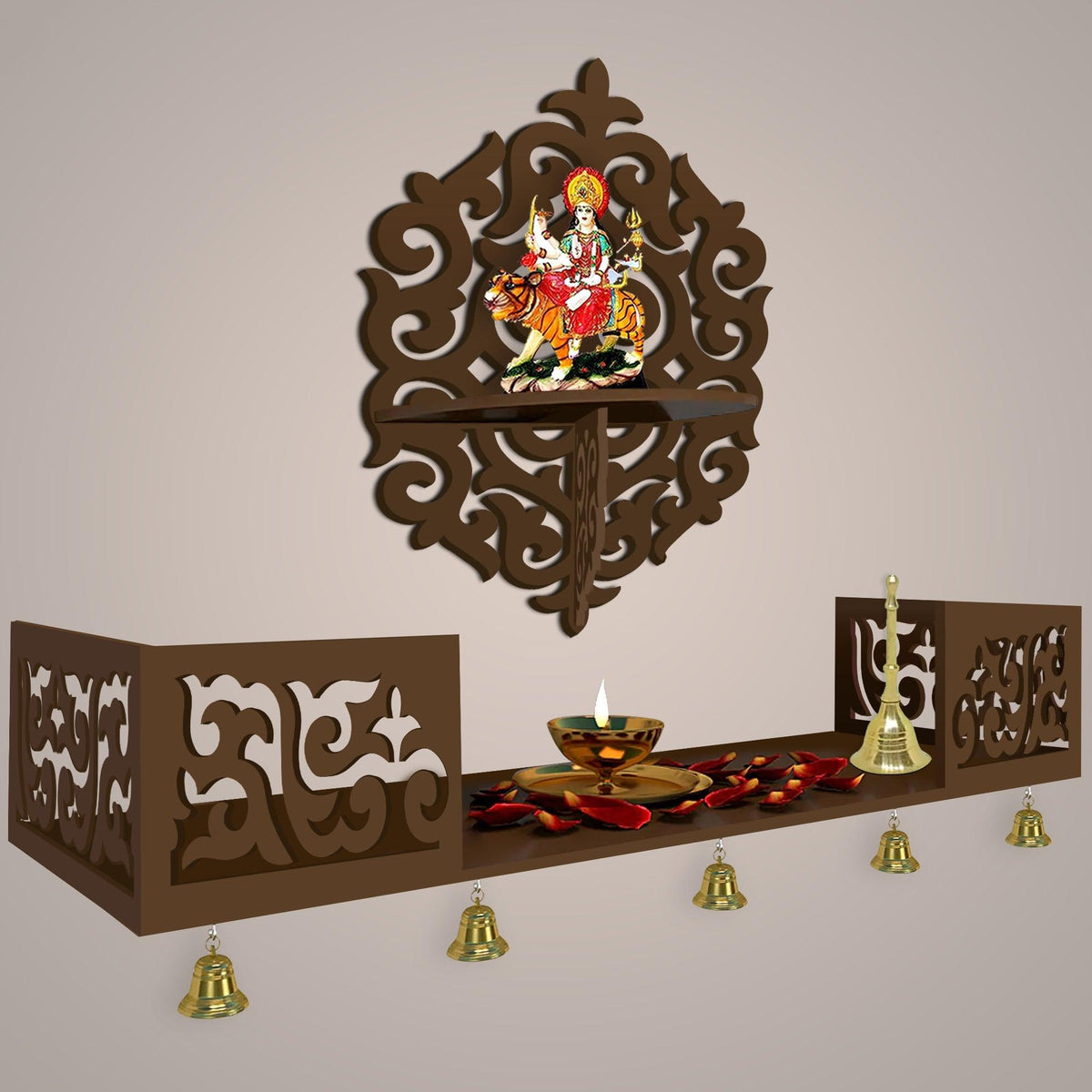 Unique Designer Beautiful Wall Hanging Wooden Temple/ Pooja Mandir Design with Shelf, Brown Color - Decor Mantra 