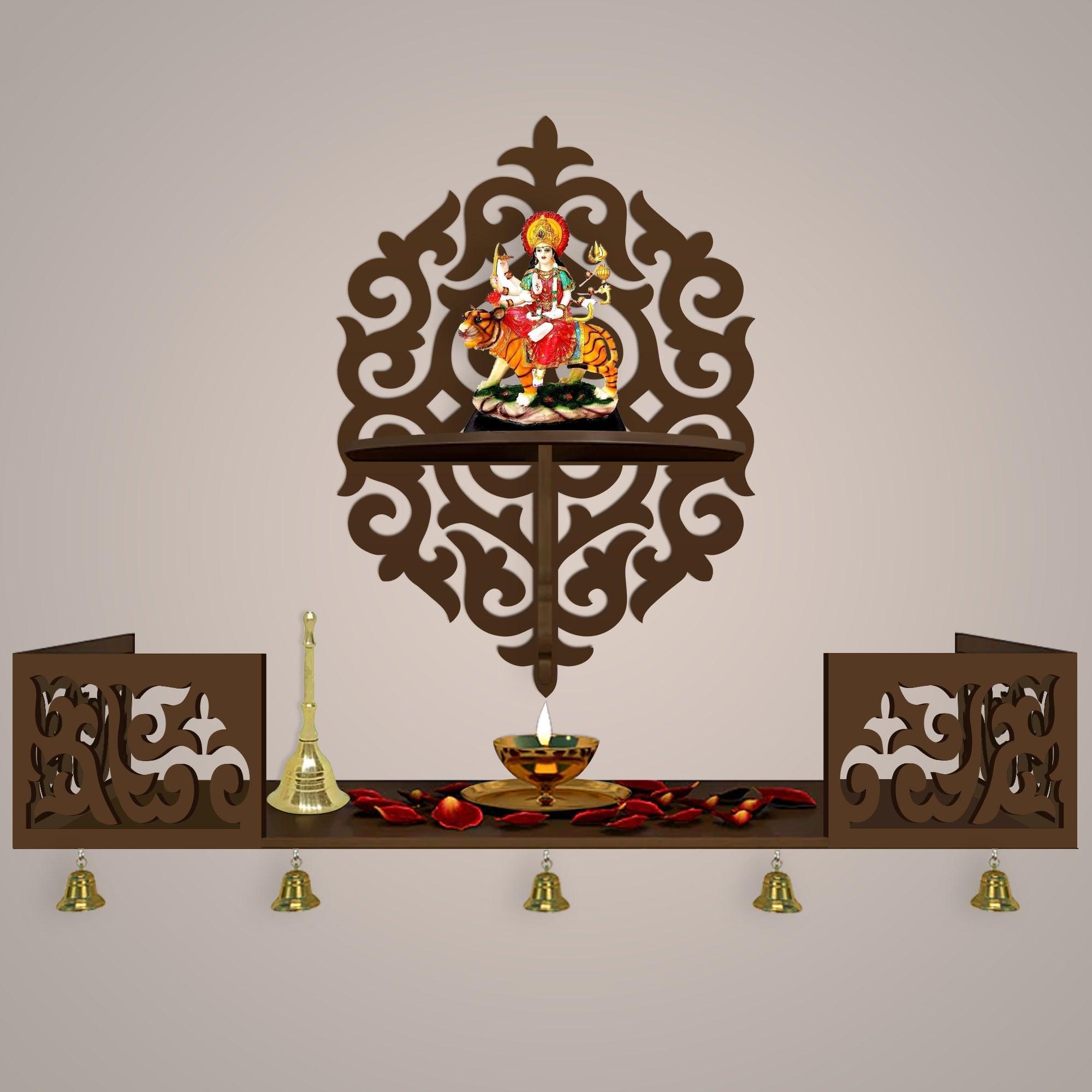 Unique Designer Beautiful Wall Hanging Wooden Temple/ Pooja Mandir Design with Shelf, Brown Color - Decor Mantra 