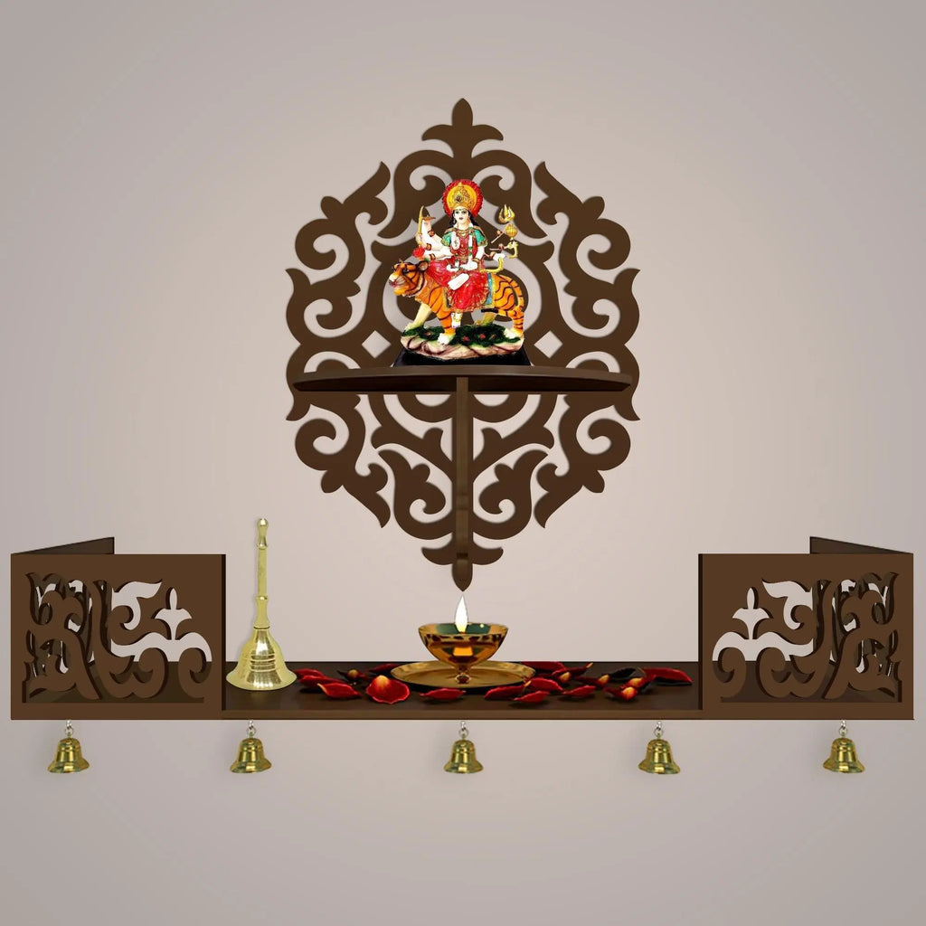 Unique Designer Beautiful Wall Hanging Wooden Temple/ Pooja Mandir Design with Shelf, Brown Color - Decor Mantra 