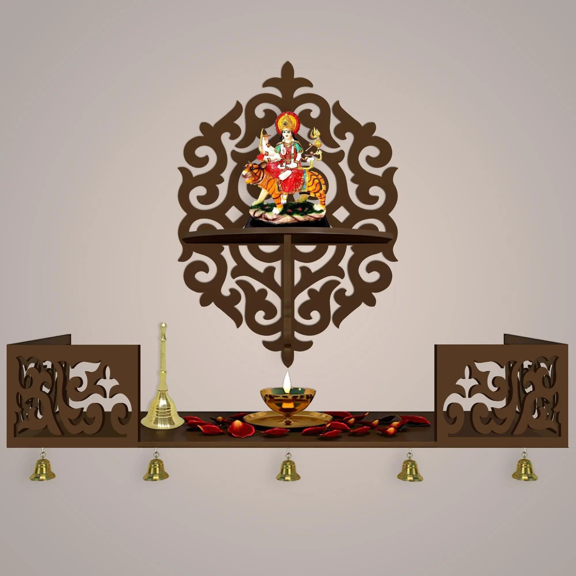Unique Designer Beautiful Wall Hanging Wooden Temple/ Pooja Mandir Design with Shelf, Brown Color - Decor Mantra 