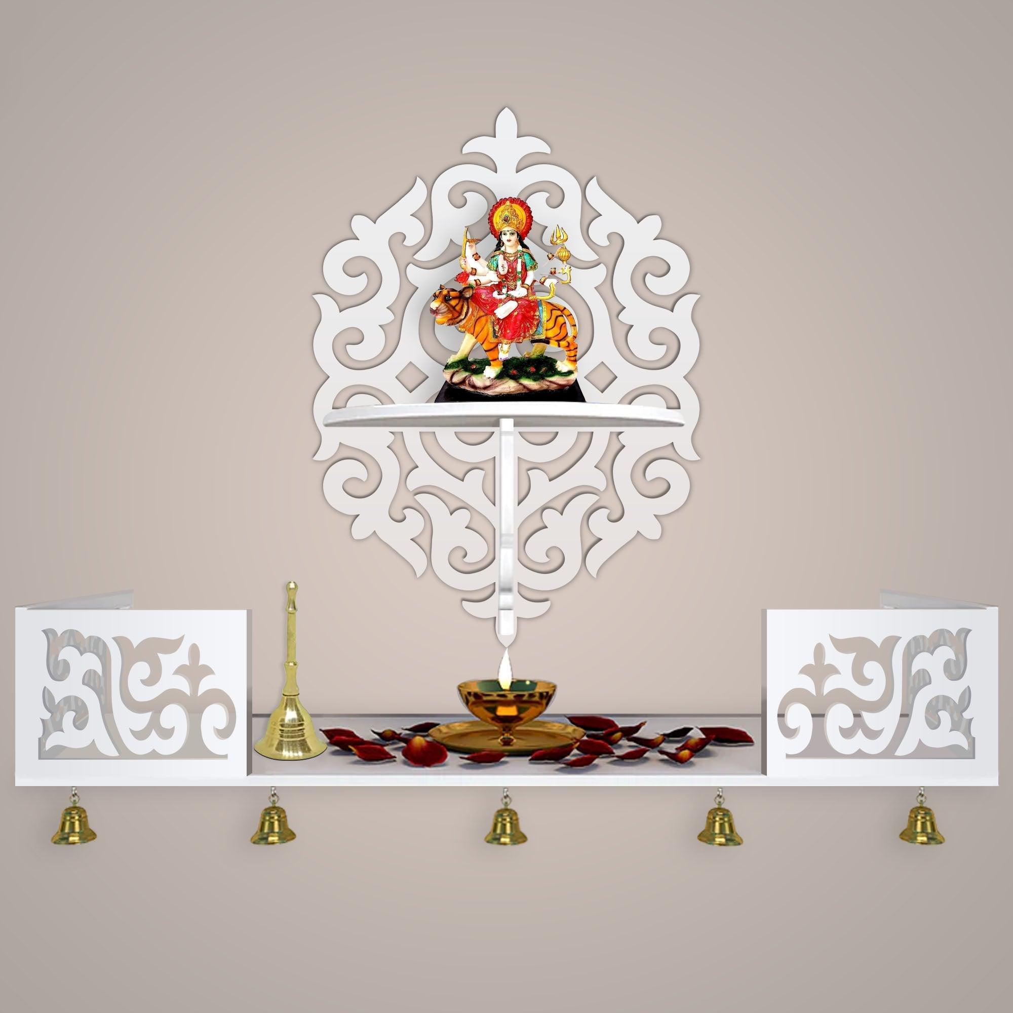 Unique Designer Beautiful Wall Hanging Wooden Temple/ Pooja Mandir Design with Shelf, White Color - Decor Mantra 