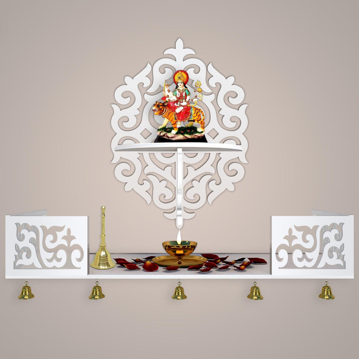 Unique Designer Beautiful Wall Hanging Wooden Temple/ Pooja Mandir Design with Shelf, White Color - Decor Mantra 