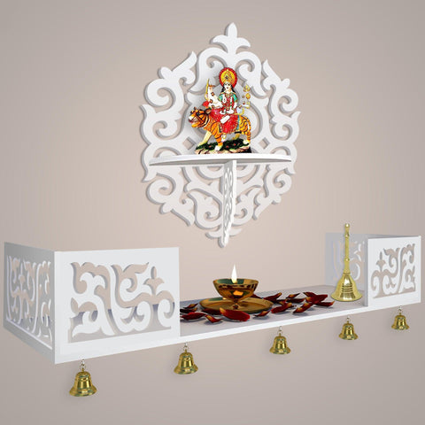 Unique Designer Beautiful Wall Hanging Wooden Temple/ Pooja Mandir Design with Shelf, White Color - Decor Mantra 