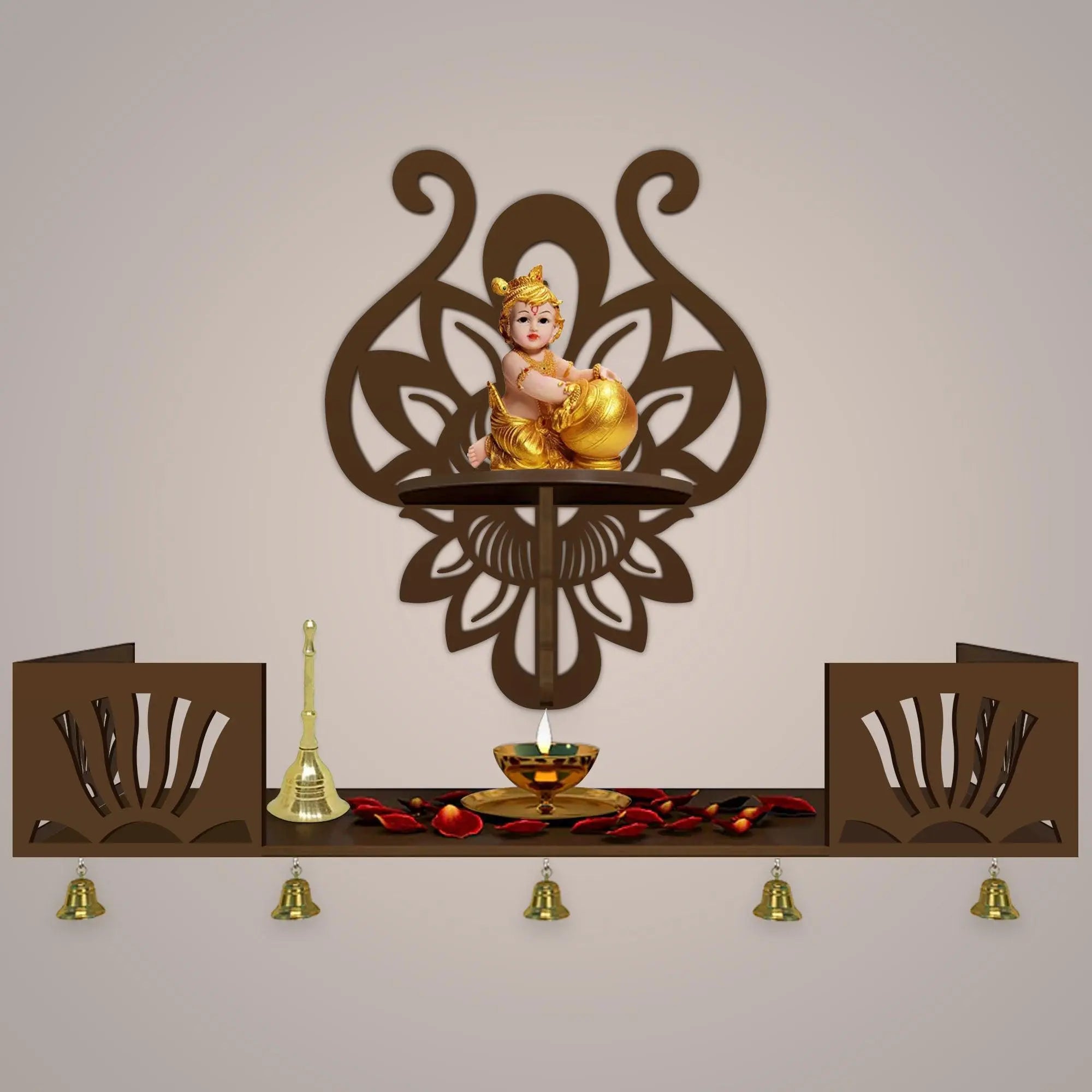 Lotus Pattern Wall Hanging Wooden Temple/ Pooja Mandir Design with Shelf, Brown Color - Decor Mantra 
