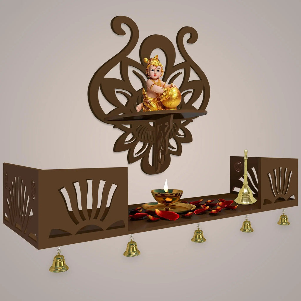 Lotus Pattern Wall Hanging Wooden Temple/ Pooja Mandir Design with Shelf, Brown Color - Decor Mantra 