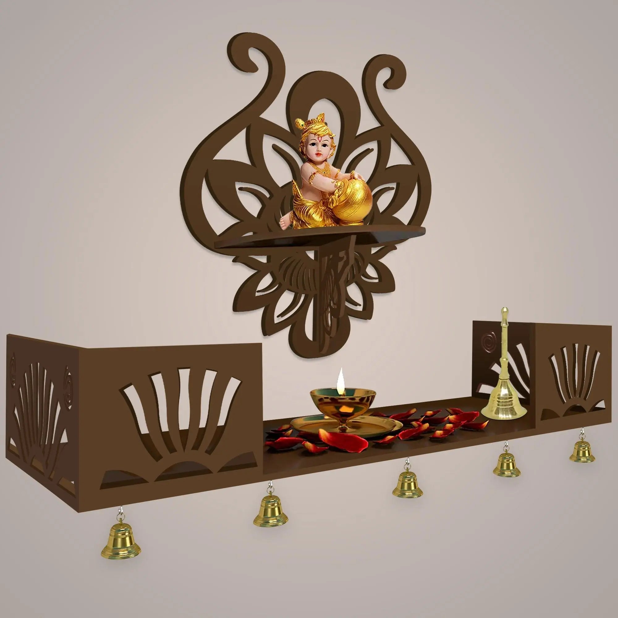 Lotus Pattern Wall Hanging Wooden Temple/ Pooja Mandir Design with Shelf, Brown Color - Decor Mantra 