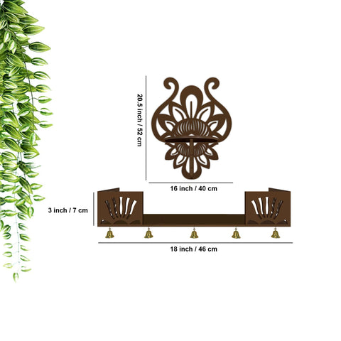 Lotus Pattern Wall Hanging Wooden Temple/ Pooja Mandir Design with Shelf, Brown Color - Decor Mantra 