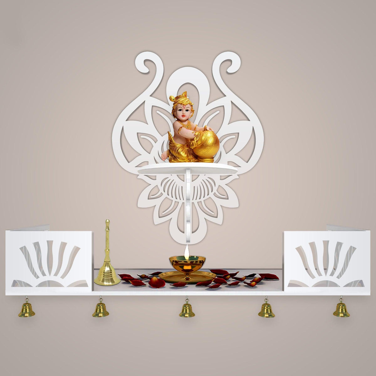 Lotus Pattern Wall Hanging Wooden Temple/ Pooja Mandir Design with Shelf, White Color - Decor Mantra 