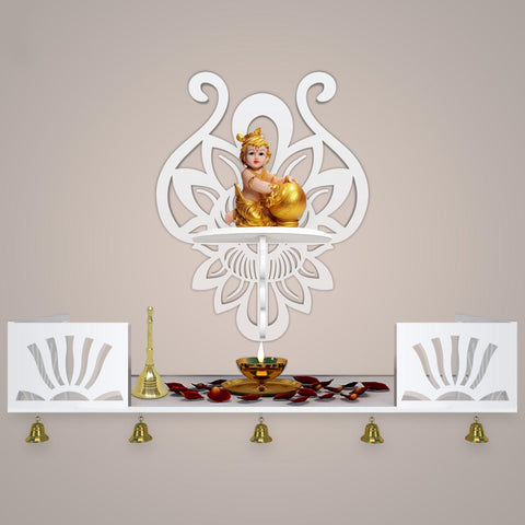 Lotus Pattern Wall Hanging Wooden Temple/ Pooja Mandir Design with Shelf, White Color - Decor Mantra 