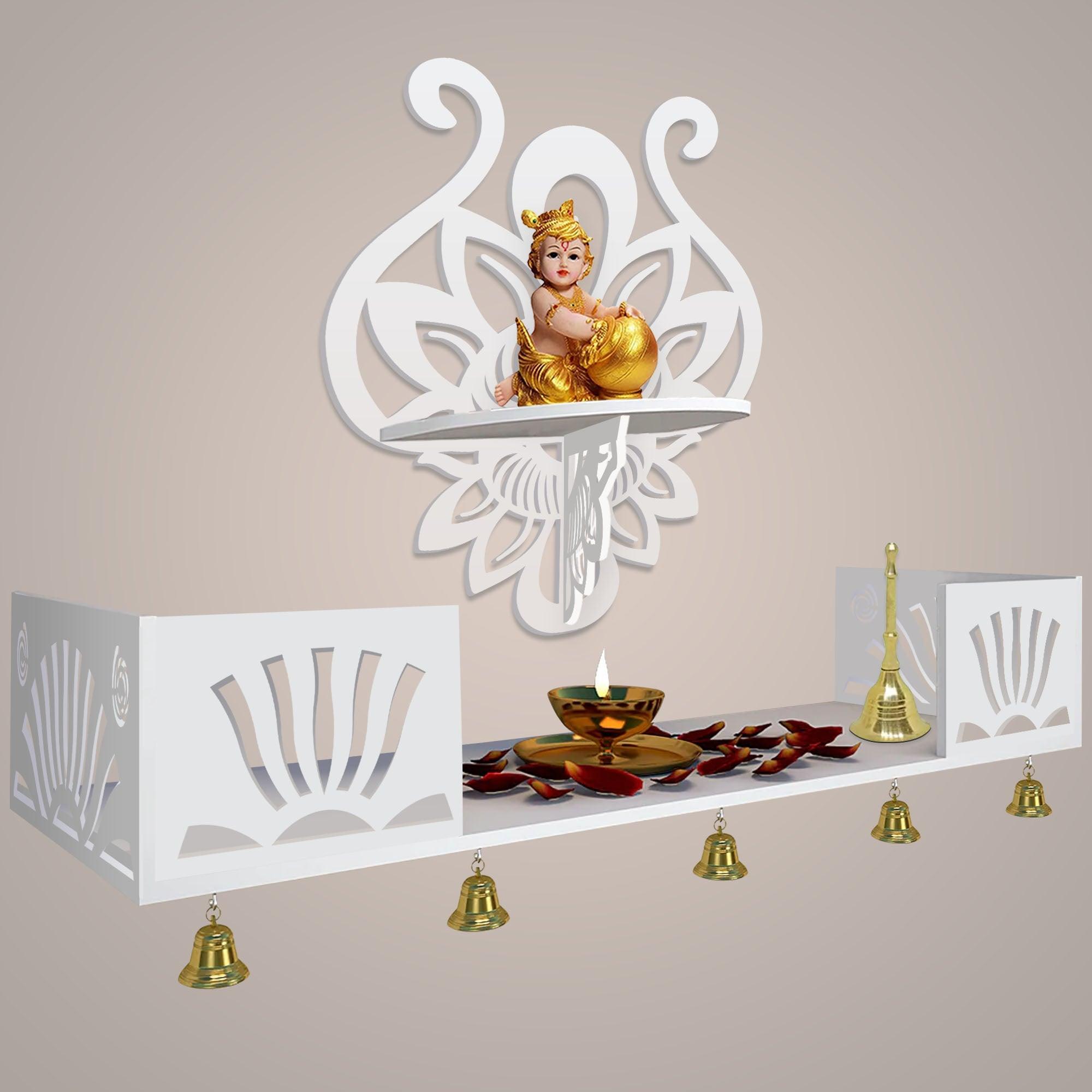 Lotus Pattern Wall Hanging Wooden Temple/ Pooja Mandir Design with Shelf, White Color - Decor Mantra 