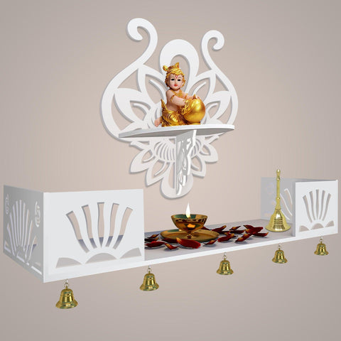 Lotus Pattern Wall Hanging Wooden Temple/ Pooja Mandir Design with Shelf, White Color - Decor Mantra 