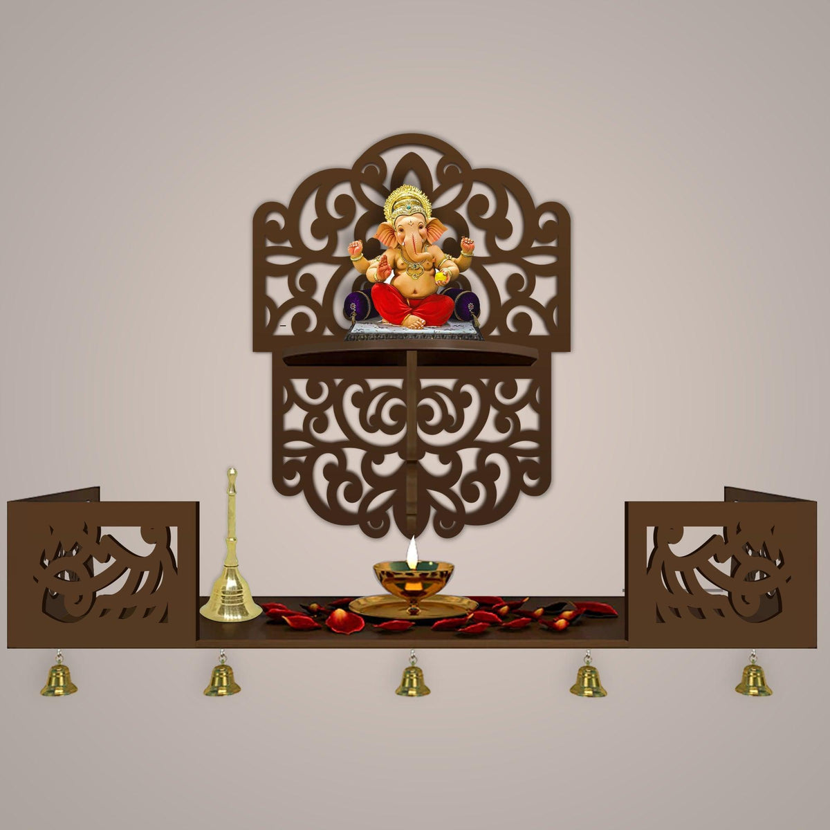 Divine Beautiful Wall Hanging Wooden Temple/ Pooja Mandir Design with Shelf, Brown Color - Decor Mantra 