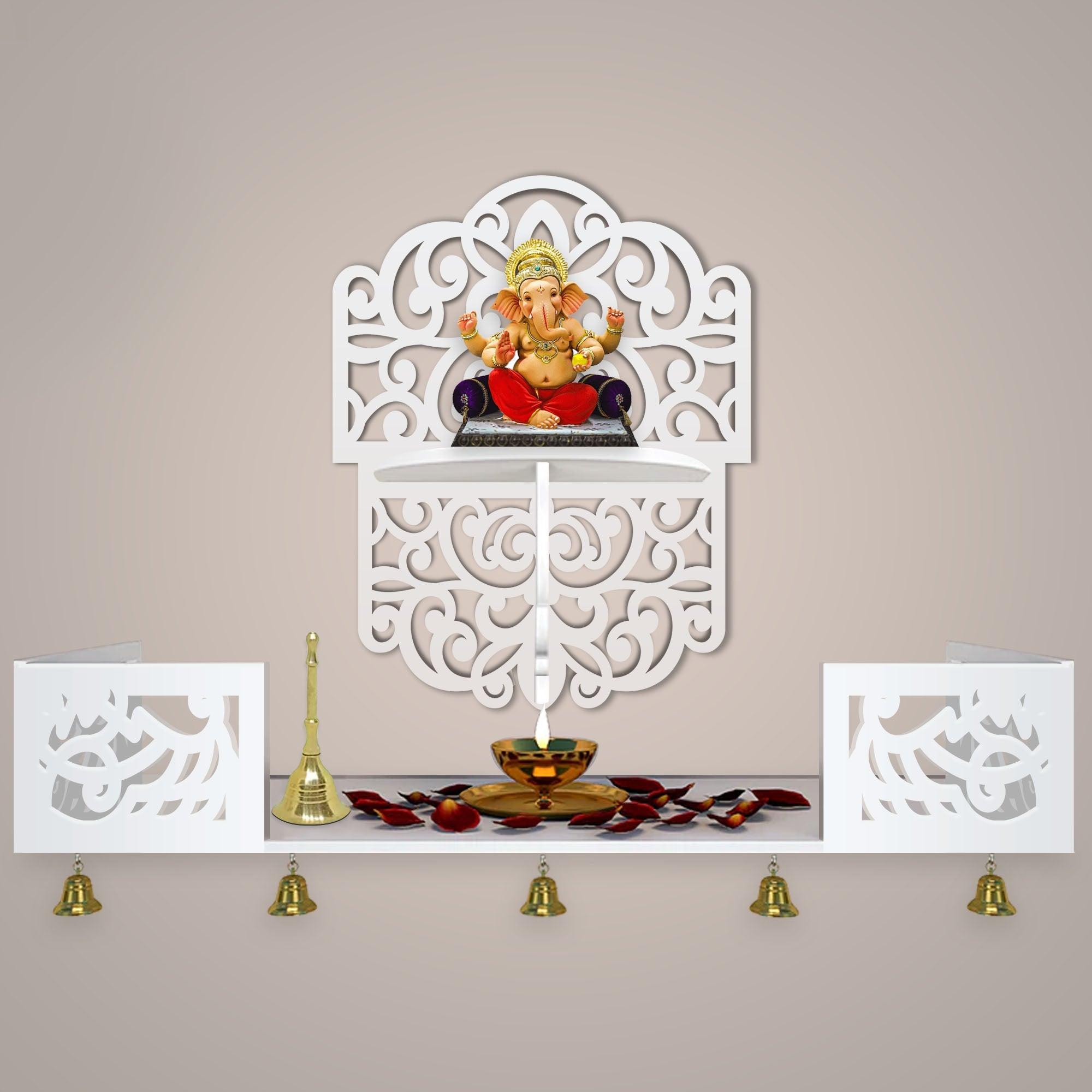 Divine Beautiful Wall Hanging Wooden Temple/ Pooja Mandir Design with Shelf, White Color - Decor Mantra 