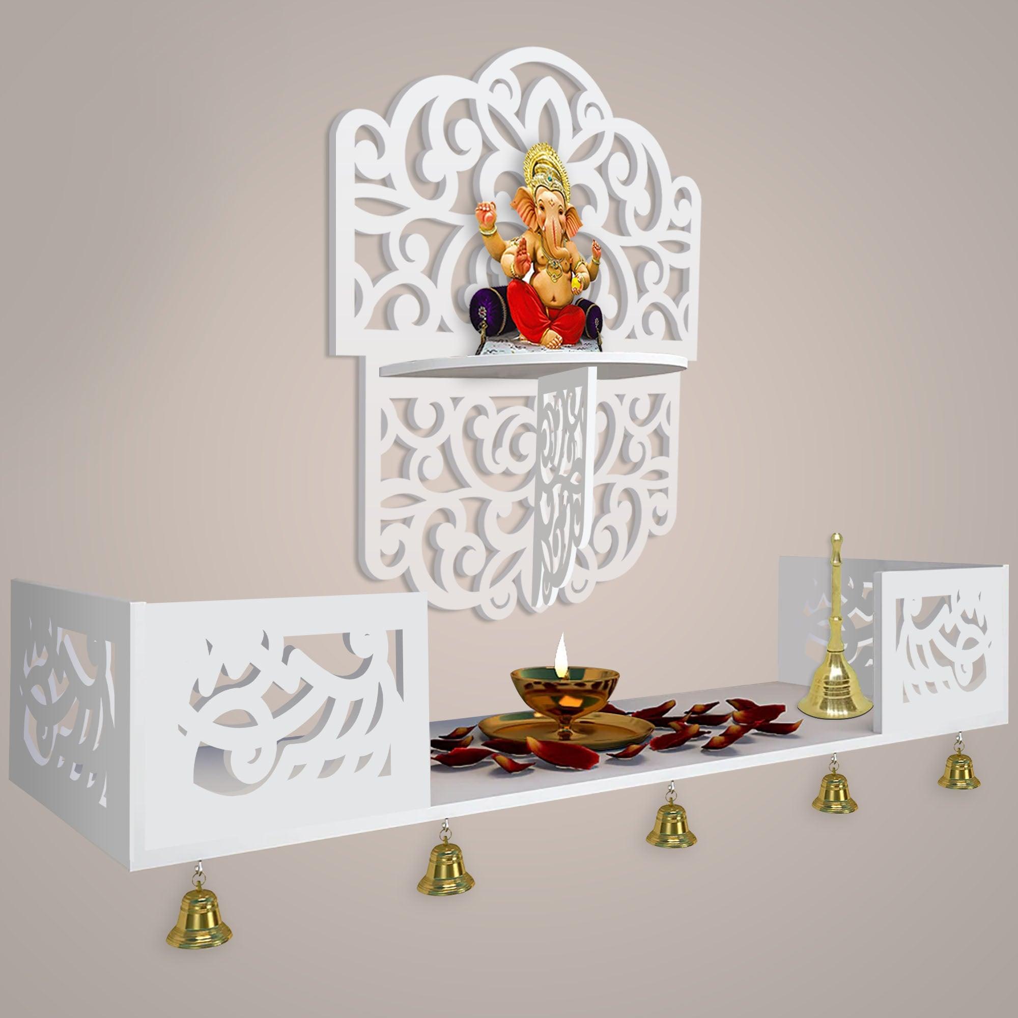 Divine Beautiful Wall Hanging Wooden Temple/ Pooja Mandir Design with Shelf, White Color - Decor Mantra 