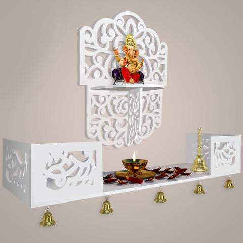 Divine Beautiful Wall Hanging Wooden Temple/ Pooja Mandir Design with Shelf, White Color - Decor Mantra 
