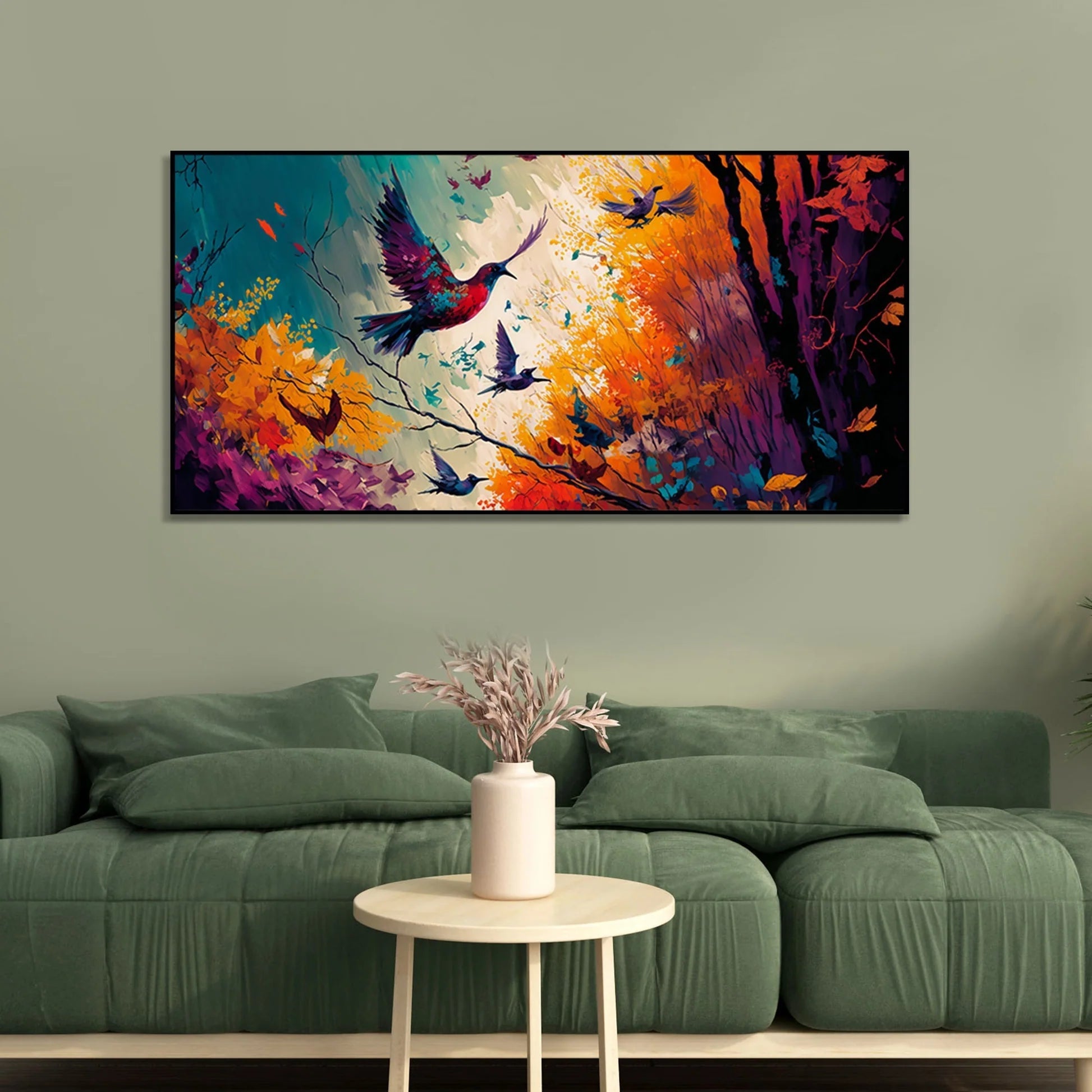 Abstract Art of Forest Landscape with Birds Canvas Wall Painting Decor Mantra