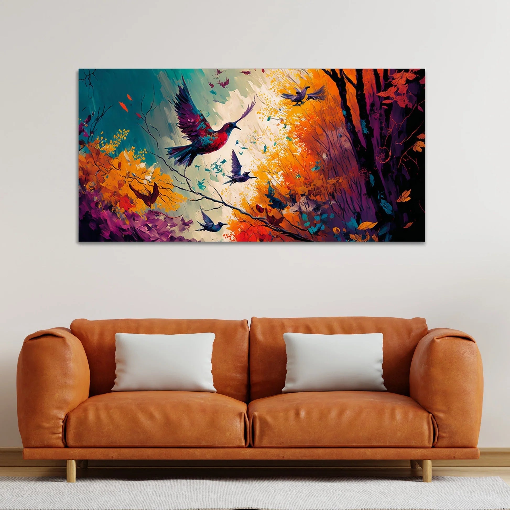 Abstract Art of Forest Landscape with Birds Canvas Wall Painting Decor Mantra