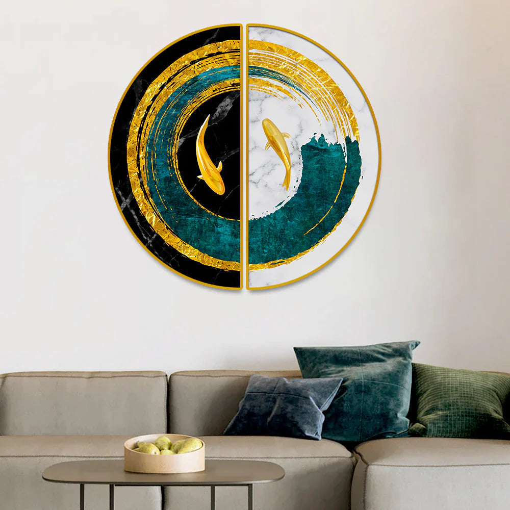 Abstract Blue Geometric Semi Circle Gold Line Art Decoration Paintings Decor Mantra