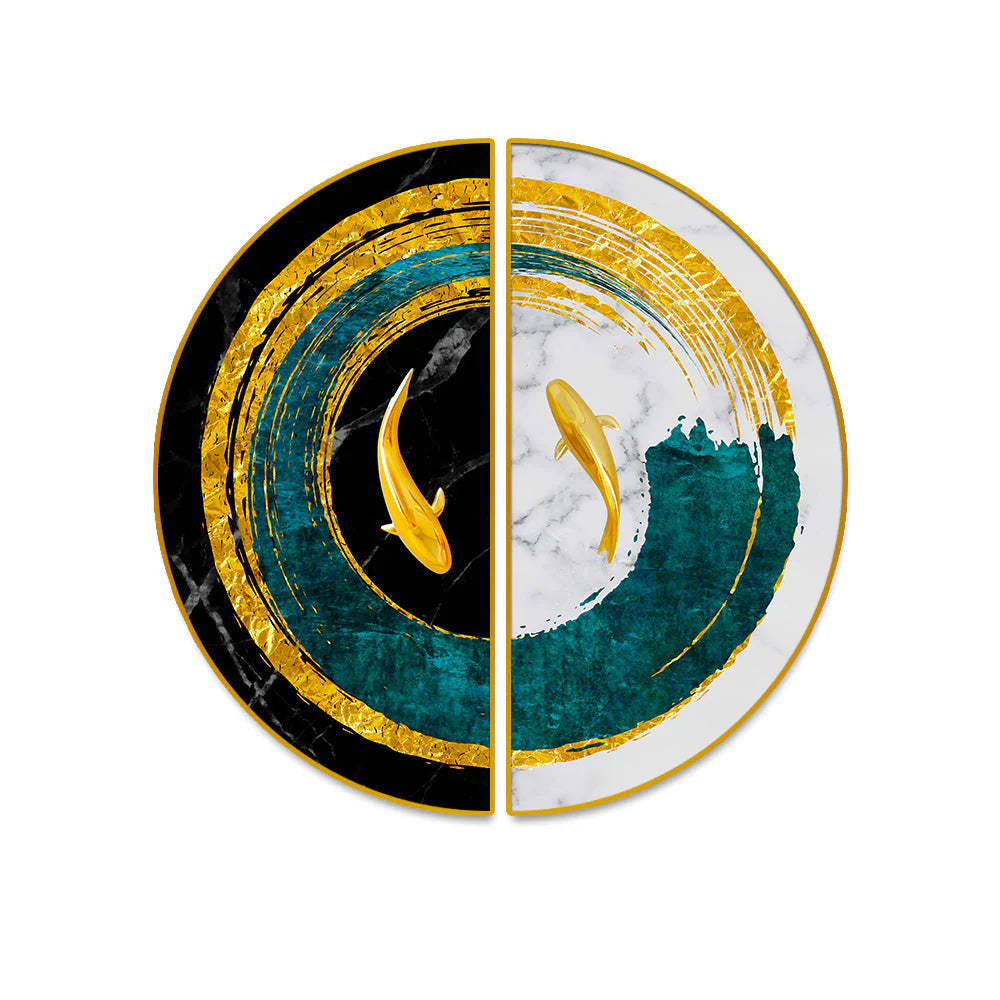 Abstract Blue Geometric Semi Circle Gold Line Art Decoration Paintings Decor Mantra