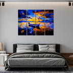 Abstract Boat in Sunset Background Premium 4 Pieces Wall Painting DECORMANTRA