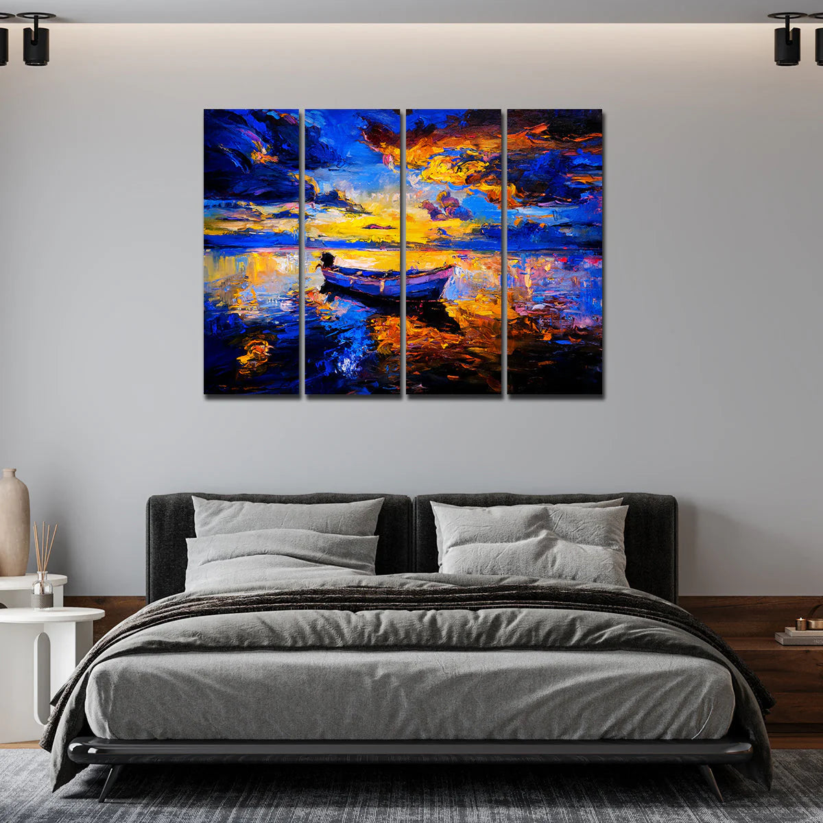 Abstract Boat in Sunset Background Premium 4 Pieces Wall Painting DECORMANTRA