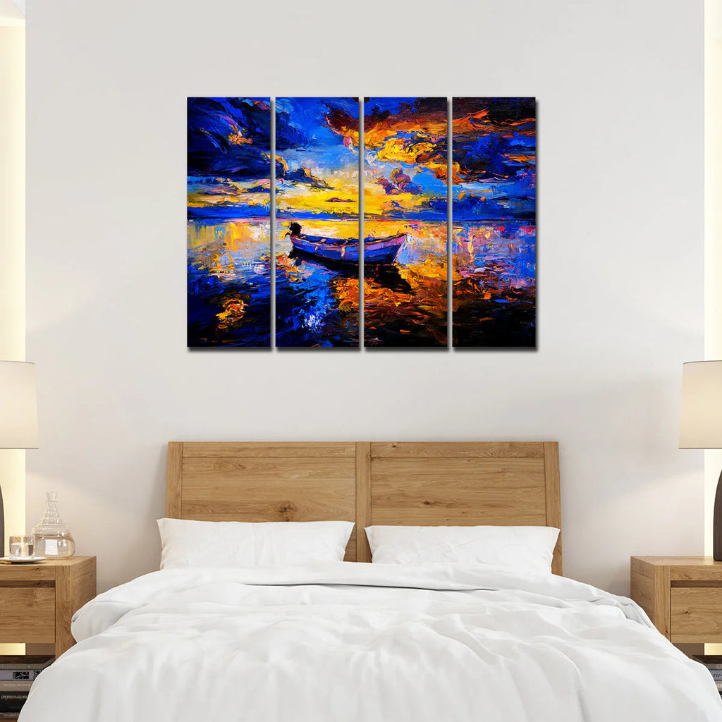 Abstract Boat in Sunset Background Premium 4 Pieces Wall Painting DECORMANTRA