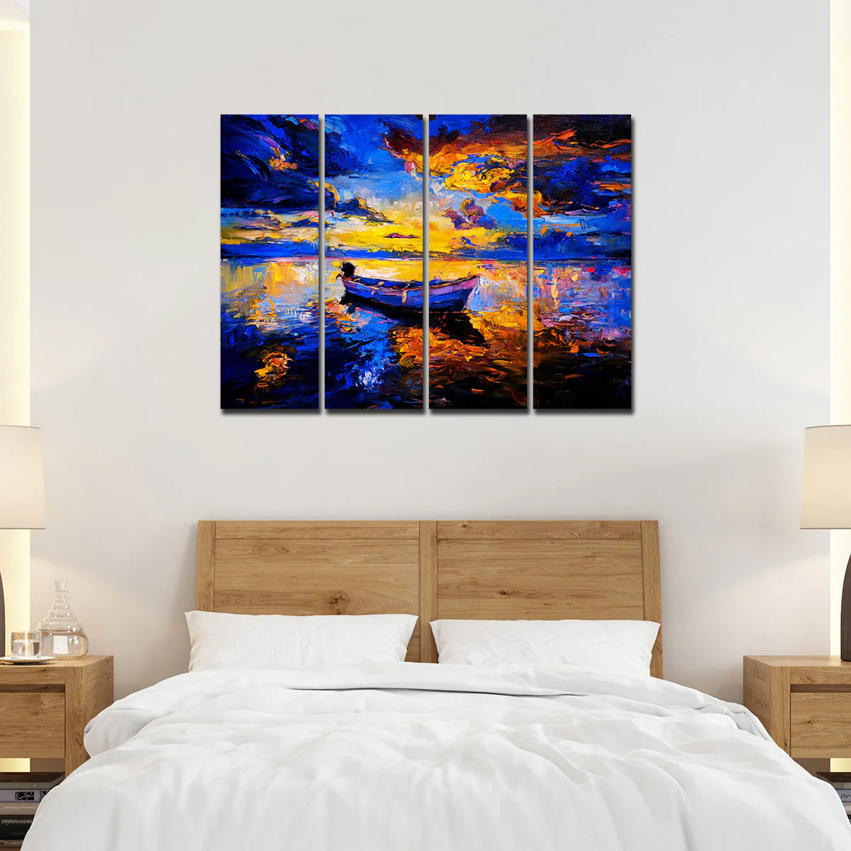 Abstract Boat in Sunset Background Premium 4 Pieces Wall Painting DECORMANTRA