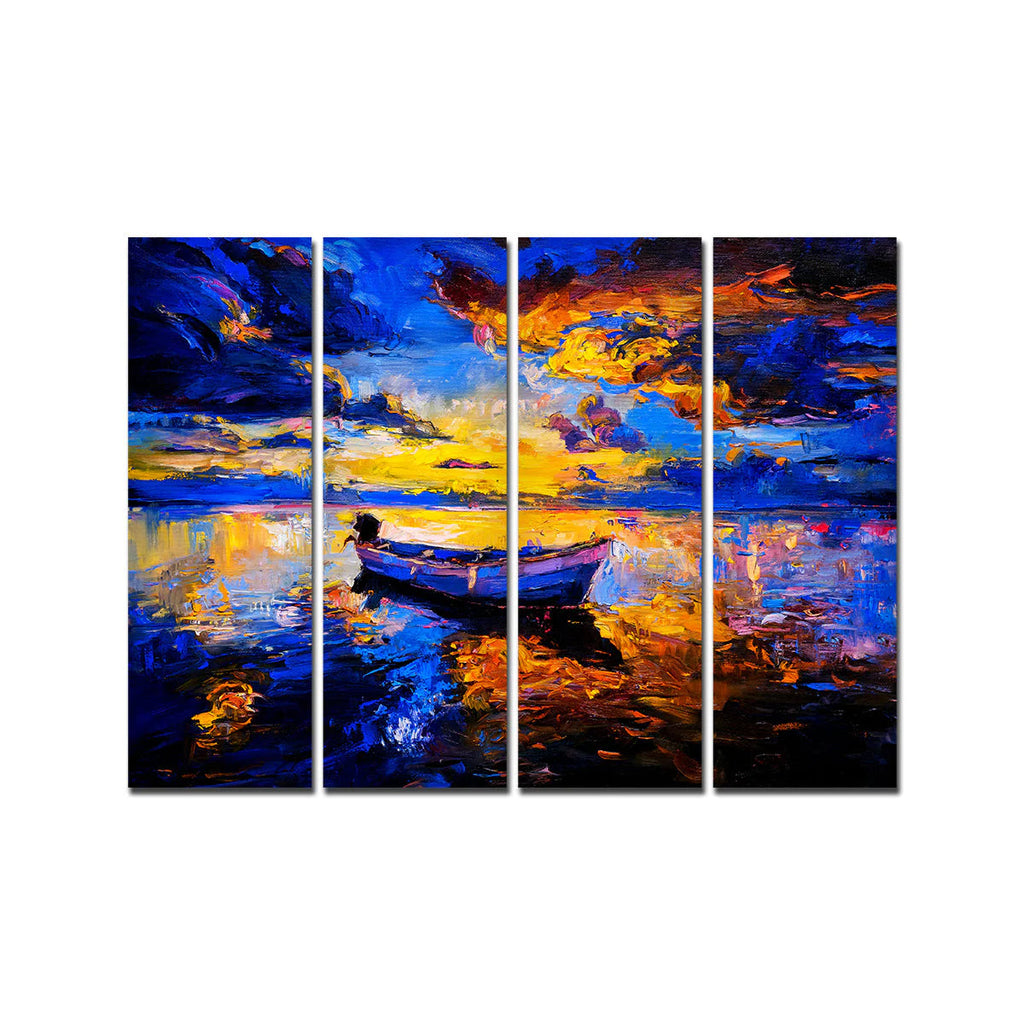 Abstract Boat in Sunset Background Premium 4 Pieces Wall Painting DECORMANTRA
