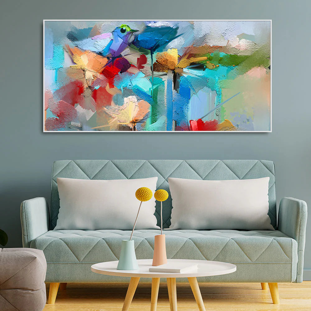 Abstract Colorful Bird and Spring Flower Canvas Wall Painting Decor Mantra
