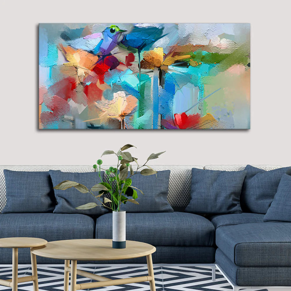 Abstract Colorful Bird and Spring Flower Canvas Wall Painting Decor Mantra