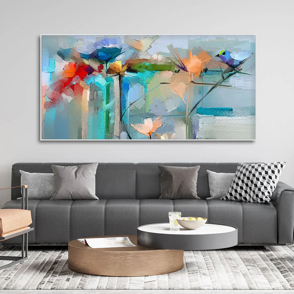 Abstract Colorful Canary Bird with Flowers Canvas Wall Painting Decor Mantra
