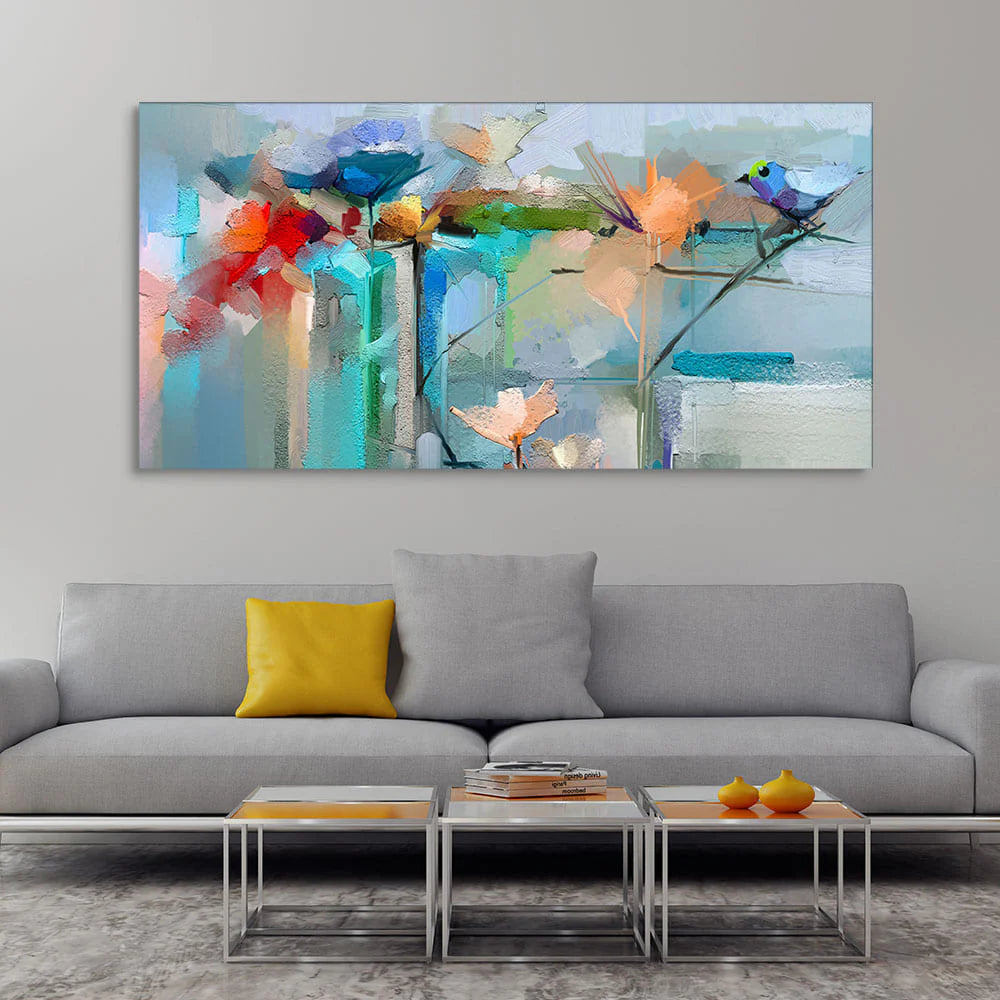 Abstract Colorful Canary Bird with Flowers Canvas Wall Painting Decor Mantra